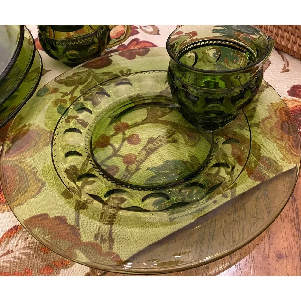 Set-of-2 Vintage Green Indiana Glass Kings Crown Thumbprint 8 1/2